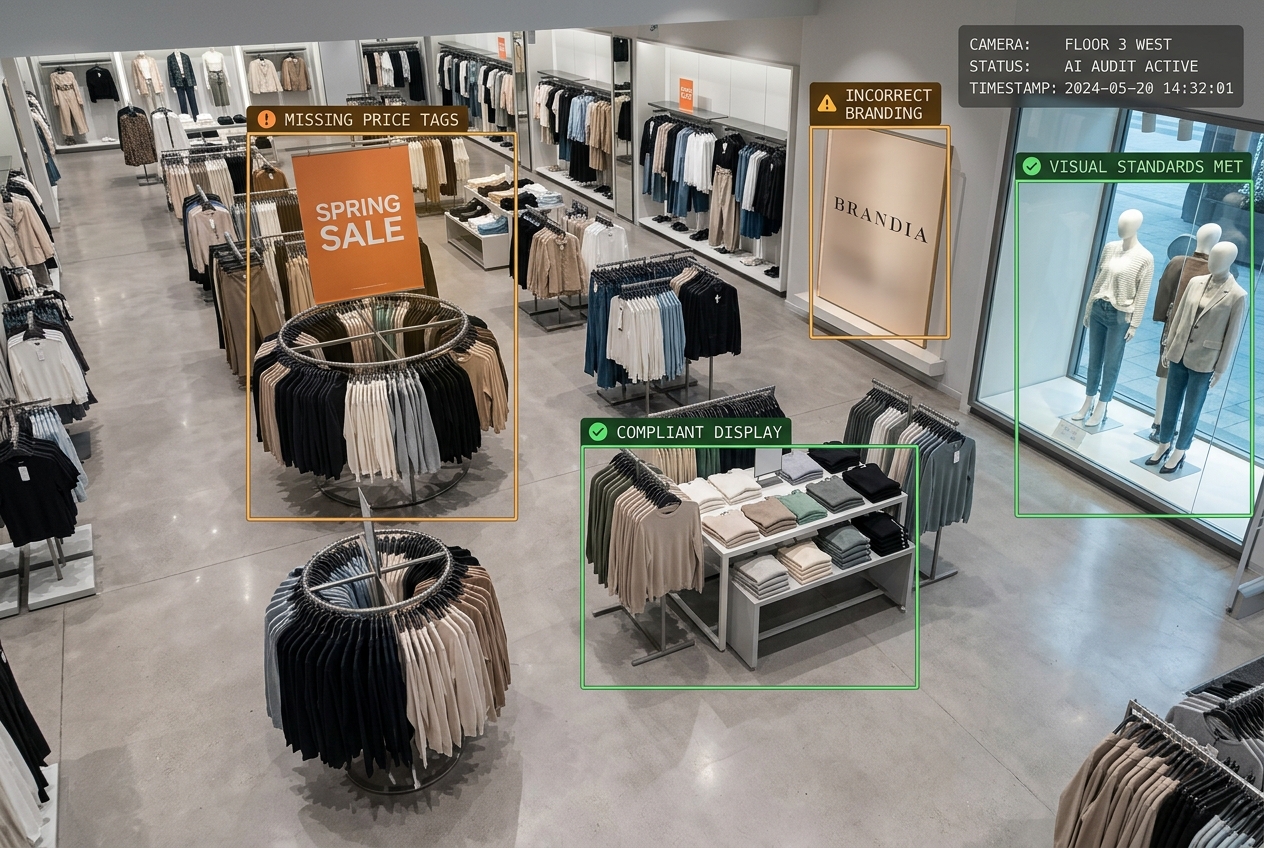 AI compliance detection overlay highlighting signage deviations and display drift across store floor