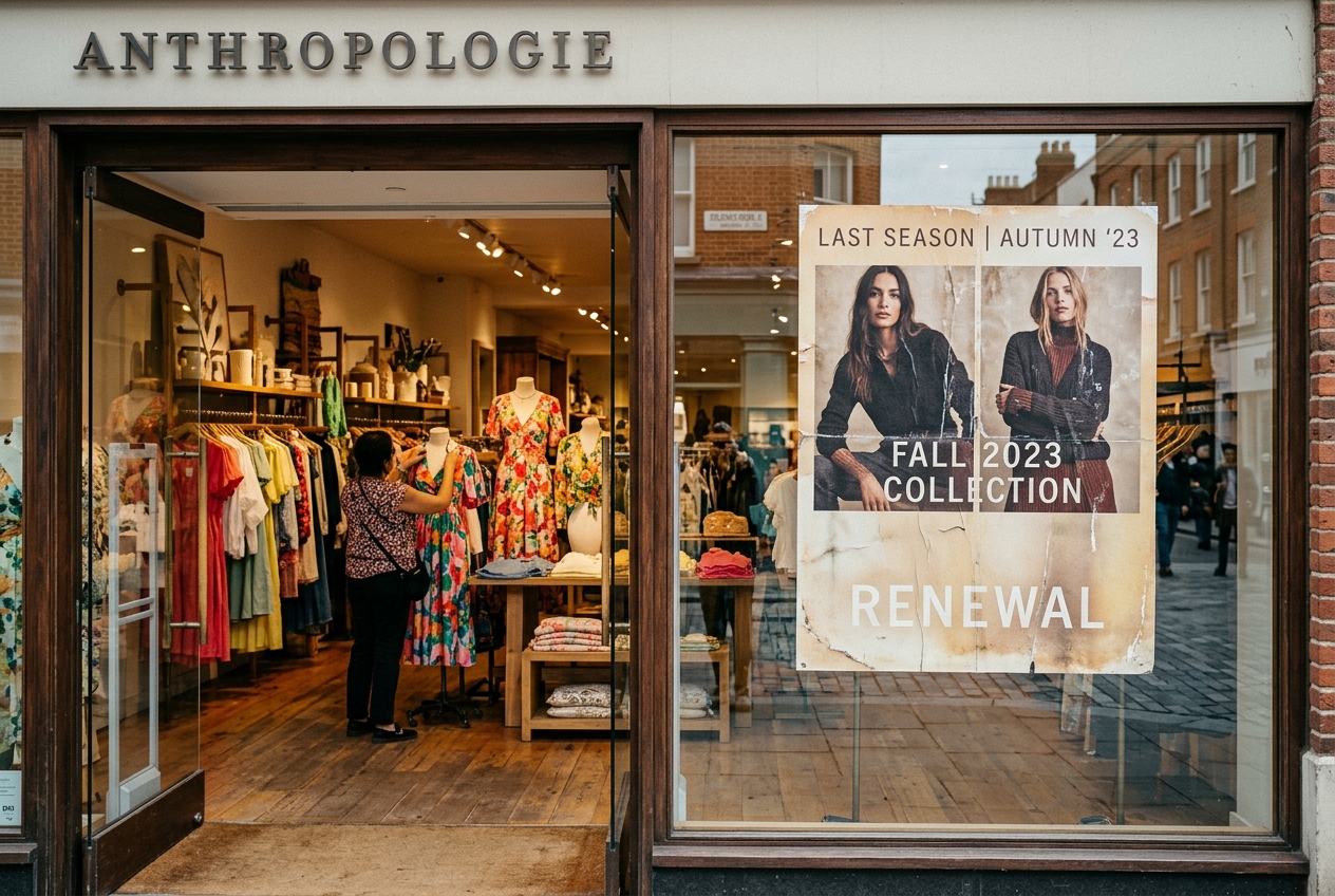 Apparel store window display showing outdated campaign signage from a previous season