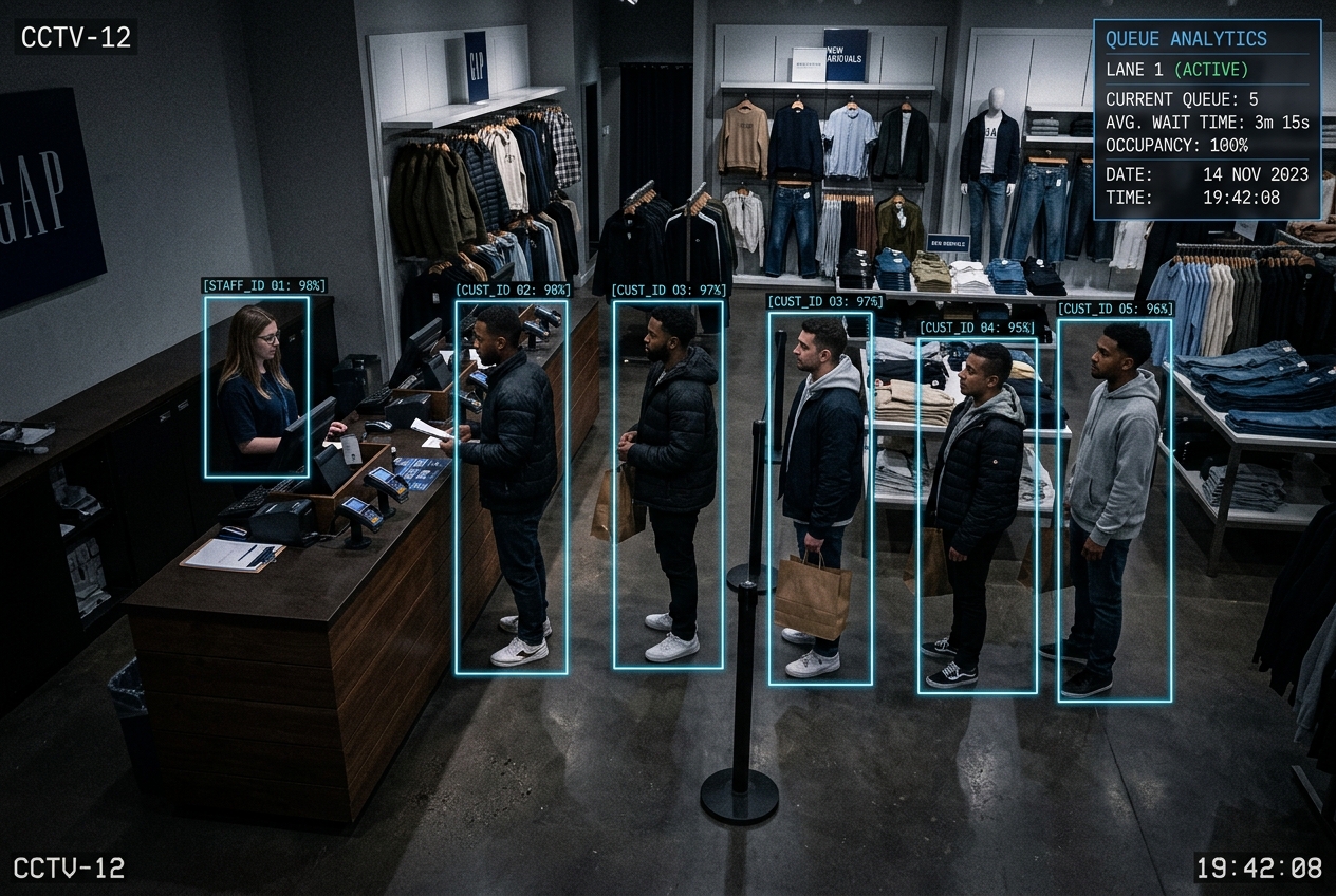 AI detection overlay tracking queue depth and wait time across checkout lanes