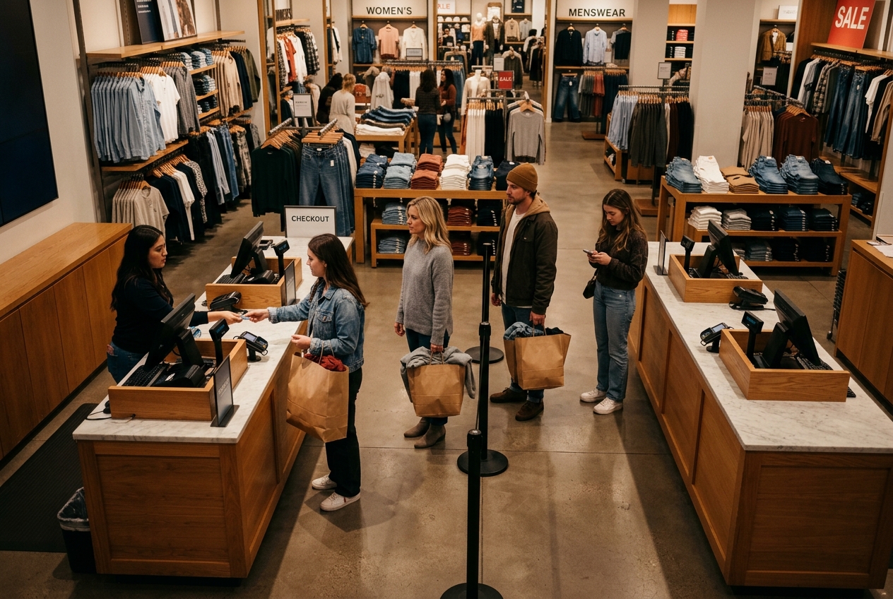 Retail checkout queue forming in one lane while adjacent lanes sit empty