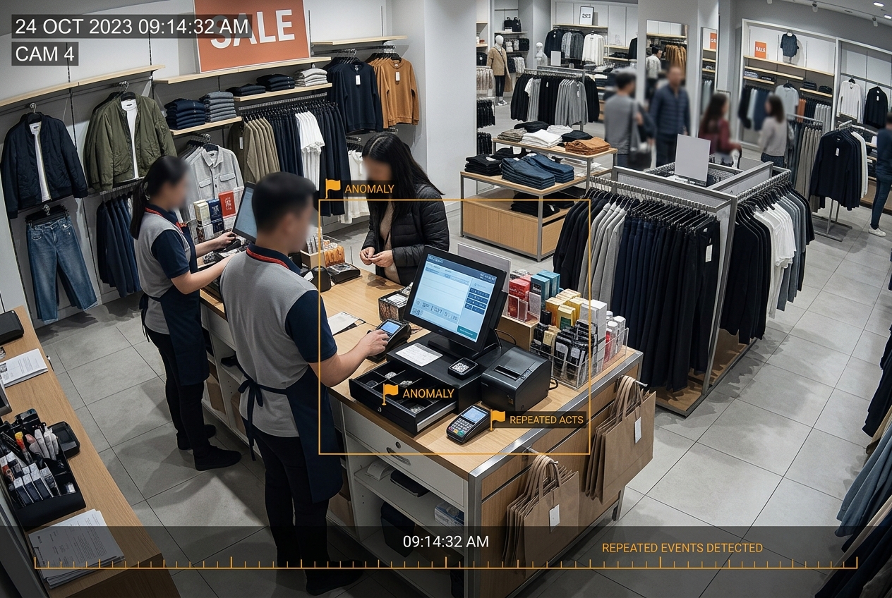 AI detection overlay flagging transaction anomalies and refund pattern exceptions at the POS