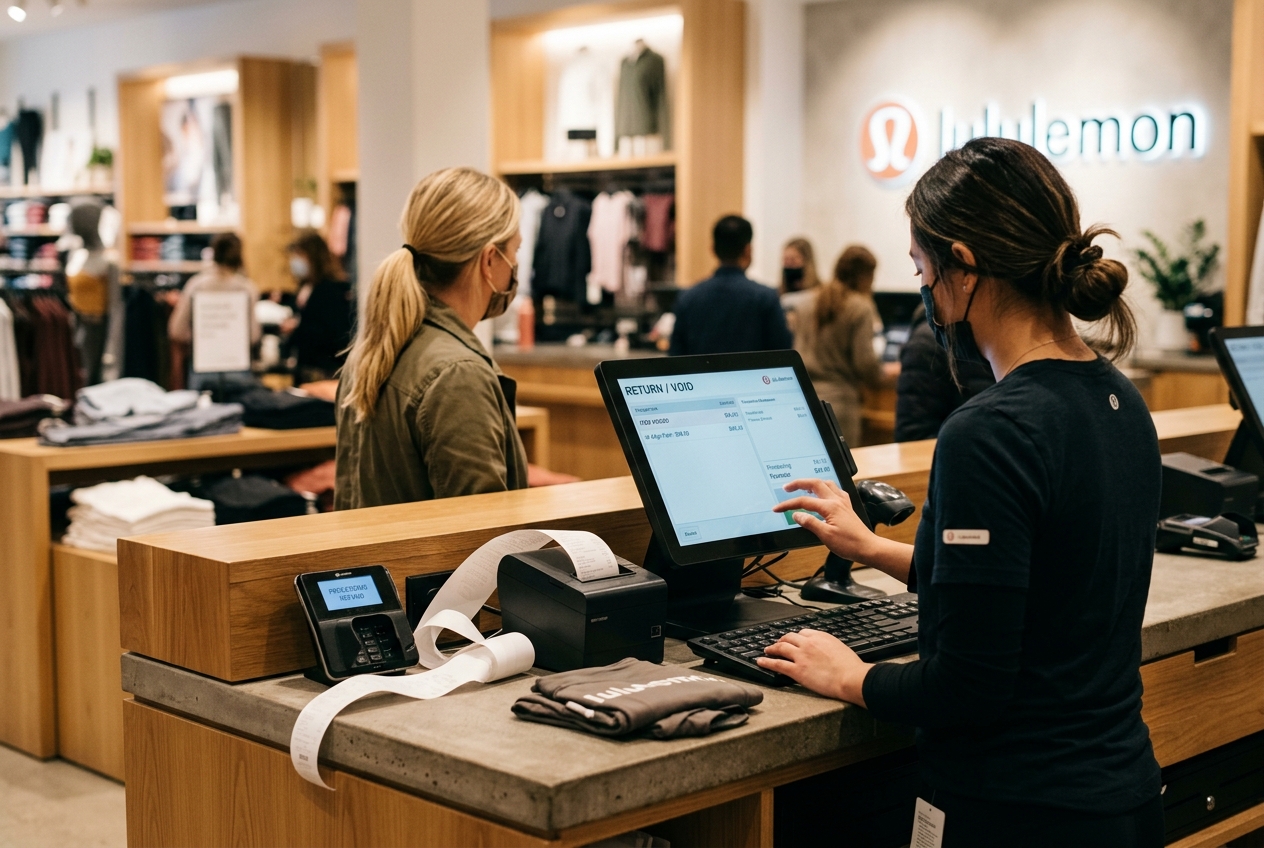Apparel store cash wrap area with a cashier processing an unusual transaction at the register