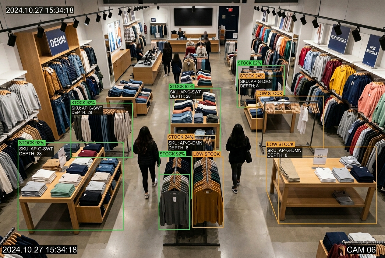 AI detection overlay highlighting shelf gaps and planogram deviation on apparel fixtures