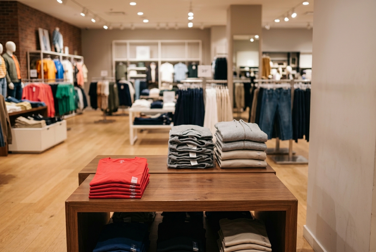 Empty clothing fixture in an apparel store with visible shelf gaps and missing merchandise